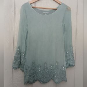 Soft Surroundings Light Blue Embroidered Embellished Silk Blouse Size S